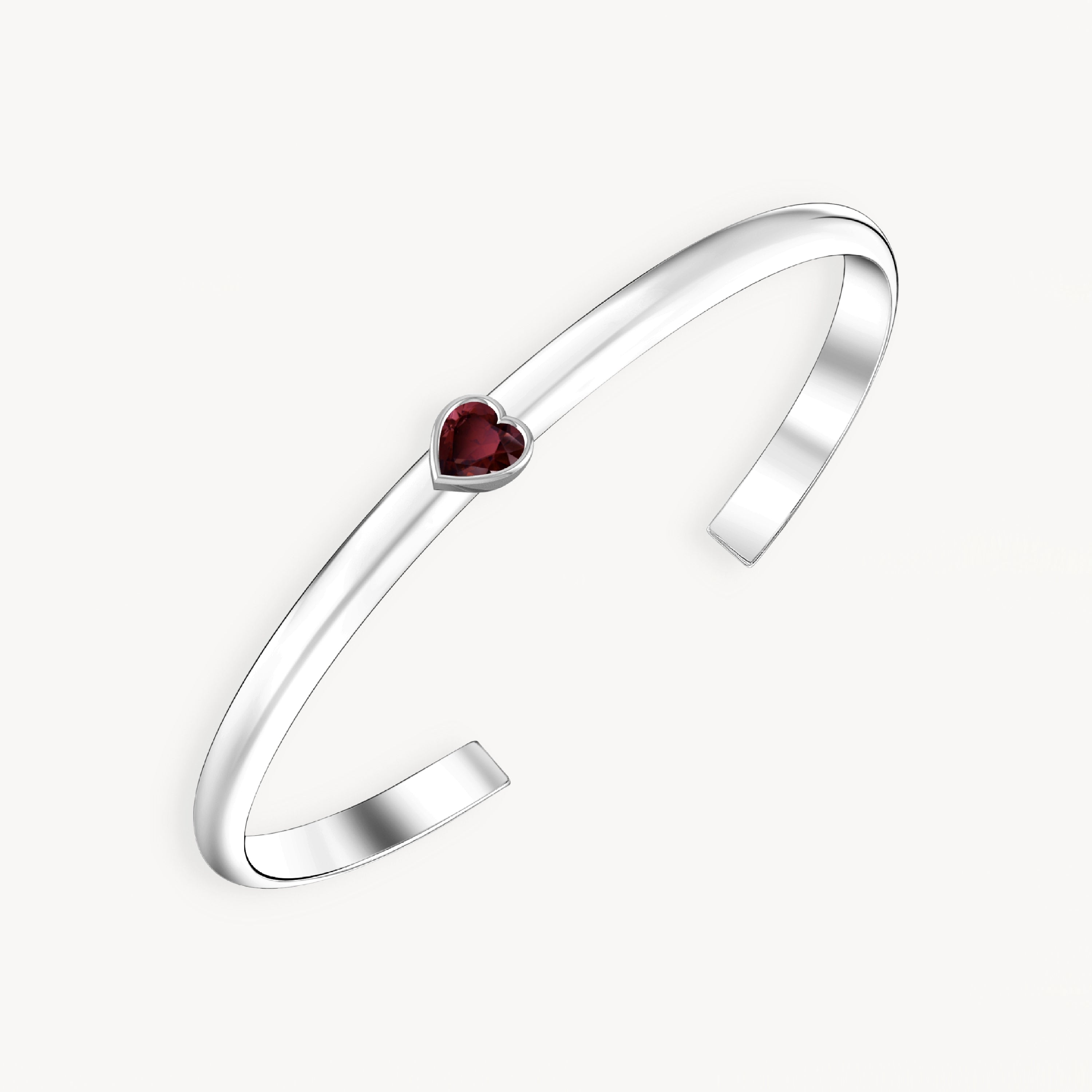 925 STERLING SILVER CUFF BANGLE WITH GARNET HEART