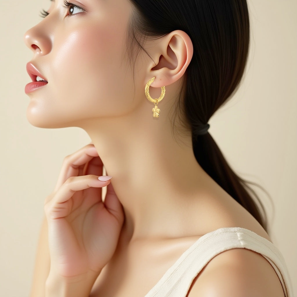 925 STERLING SILVER FANCY TUBE HOOP EARRINGS WITH FLOWER CHARMS