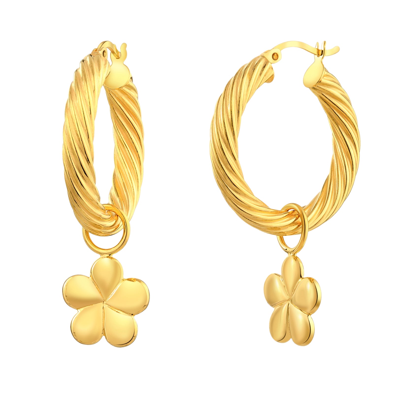 925 STERLING SILVER FANCY TUBE HOOP EARRINGS WITH FLOWER CHARMS