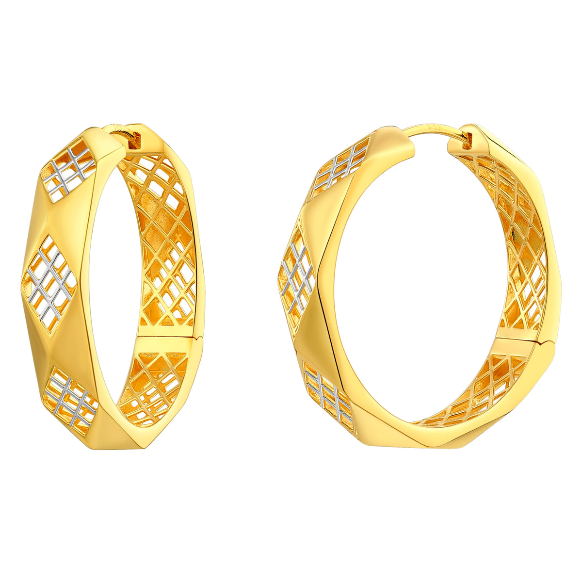 14K LE MESH FANCY HUGGIE EARRINGS