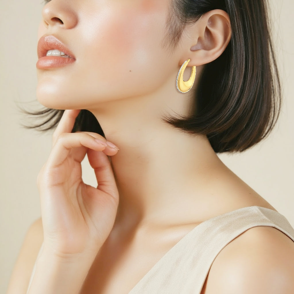 925 STERLING SILVER WITH 14K GOLD PLATED/CZ IDEAL CREOLE OVAL EARRINGS
