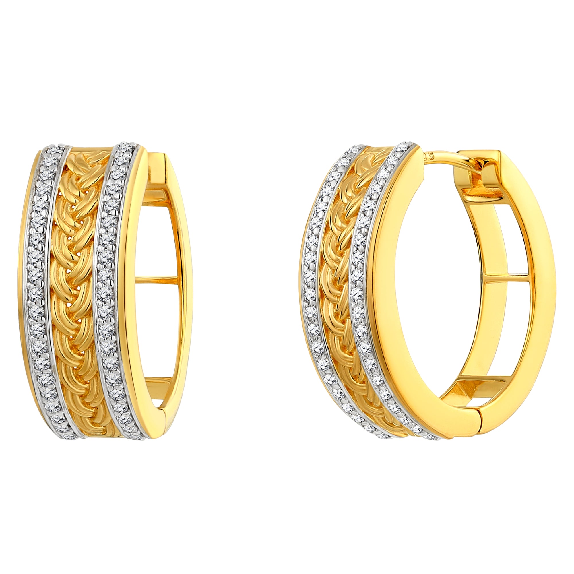 925 STERLING SILVER WITH 14K GOLD PLATED/CZ EXQUISITE BRAID ROPE HUGGIES