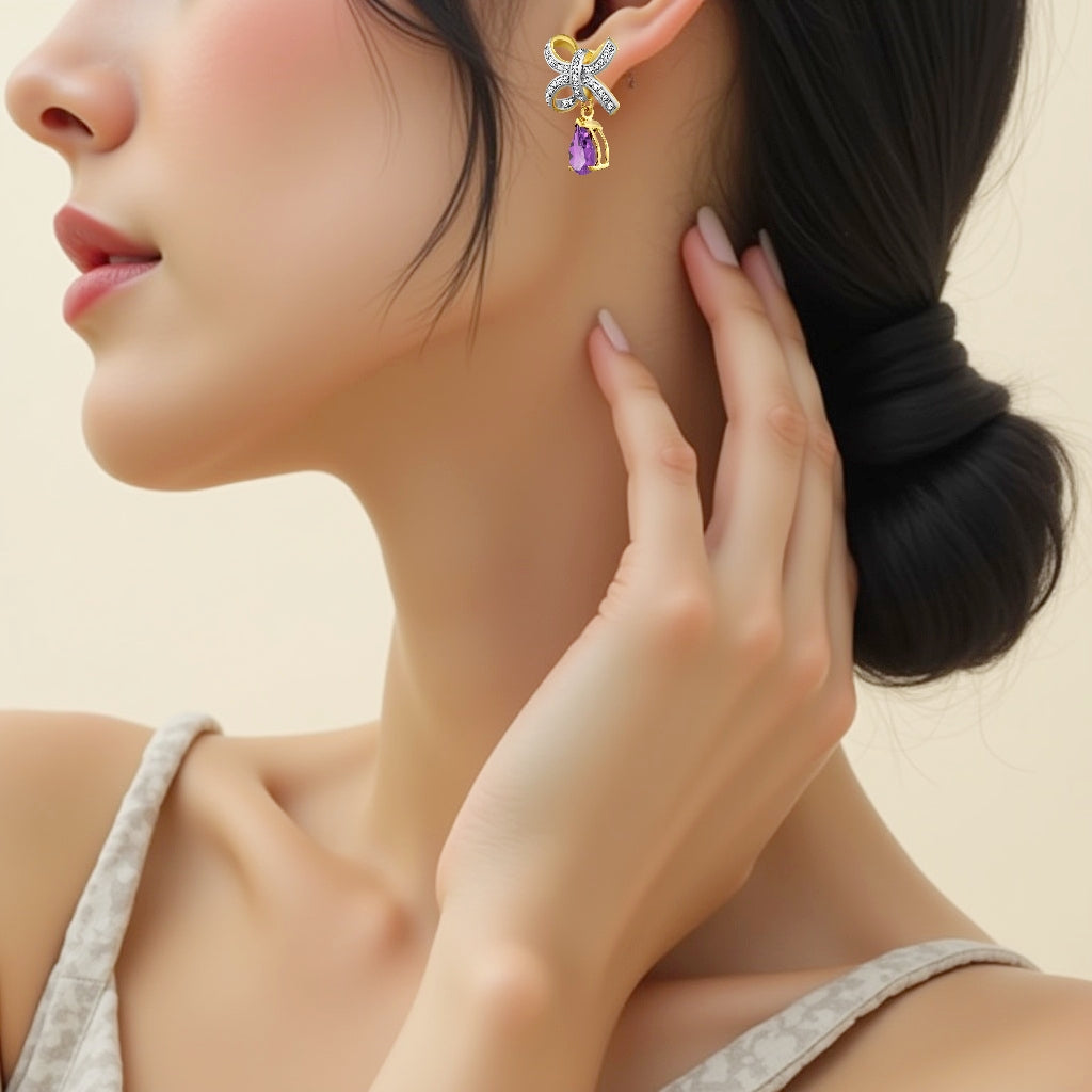 925 STERLING SILVER BOW EARRINGS WITH AMETHYST