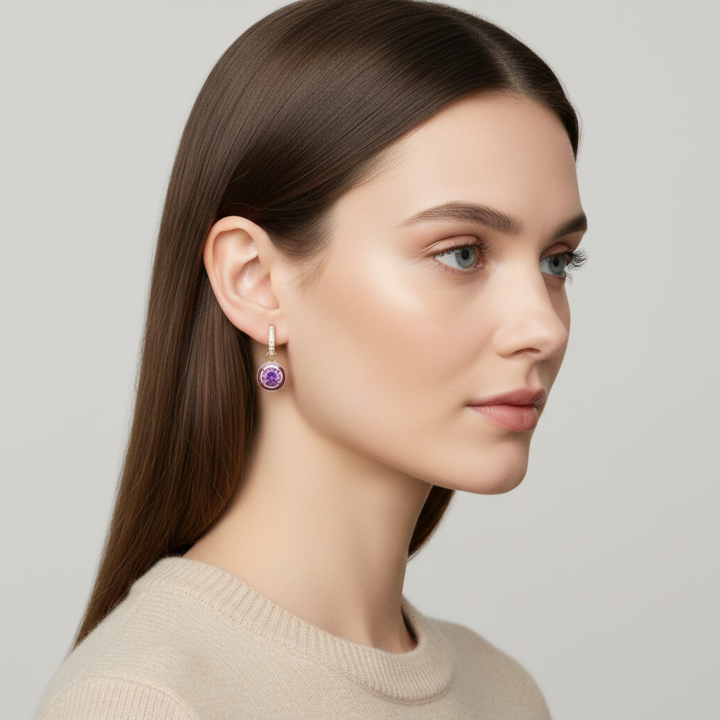 925 STERLING SILVER BEZEL HUGGIE EARRINGS WITH AMETHYST