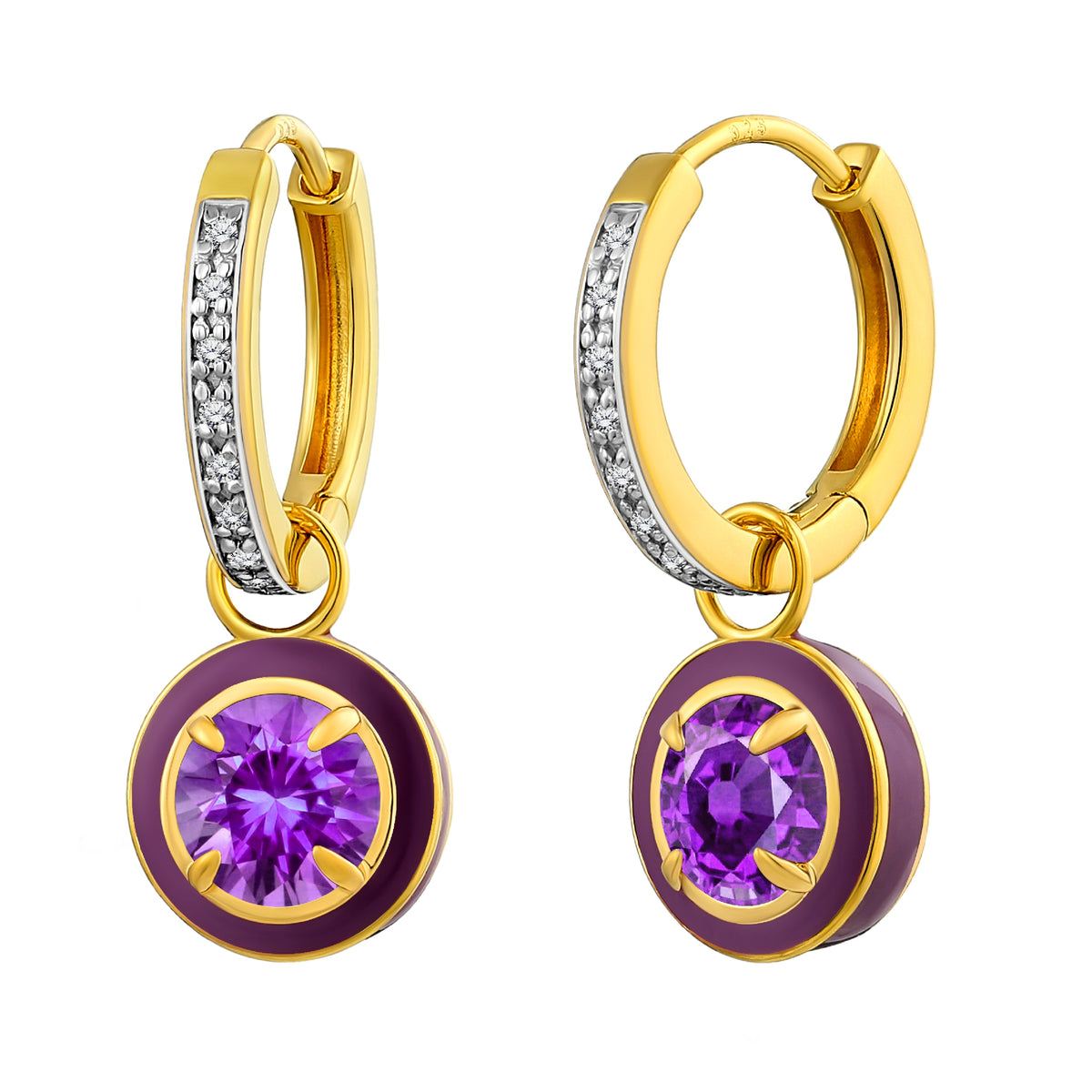 925 STERLING SILVER BEZEL HUGGIE EARRINGS WITH AMETHYST