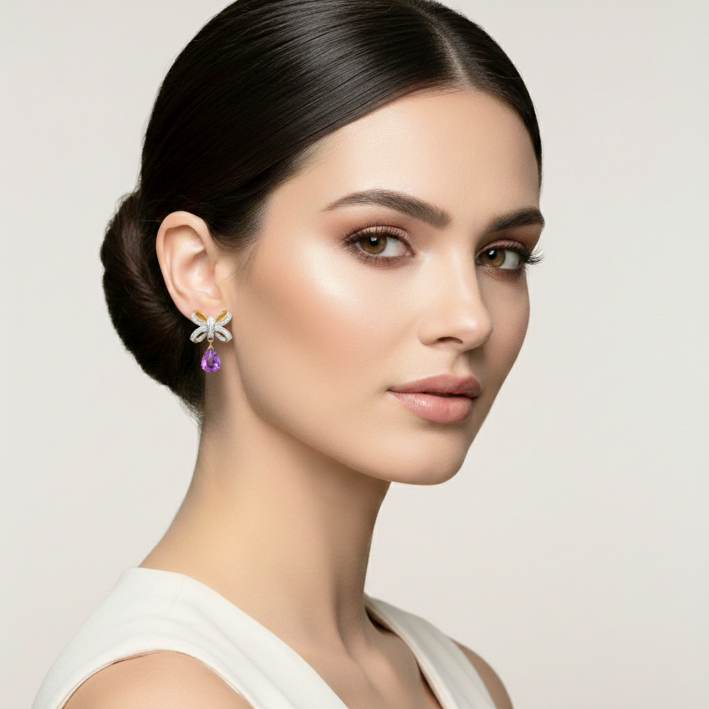 925 STERLING SILVER BOW EARRINGS WITH AMETHYST