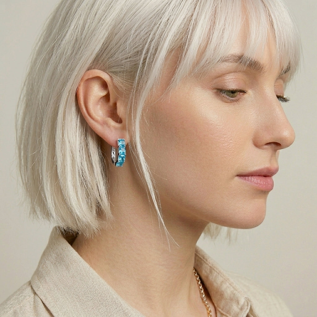 925 STERLING SILVER EARRINGS WITH GLASS BLUE ZIRCON SQUARE SHAPE