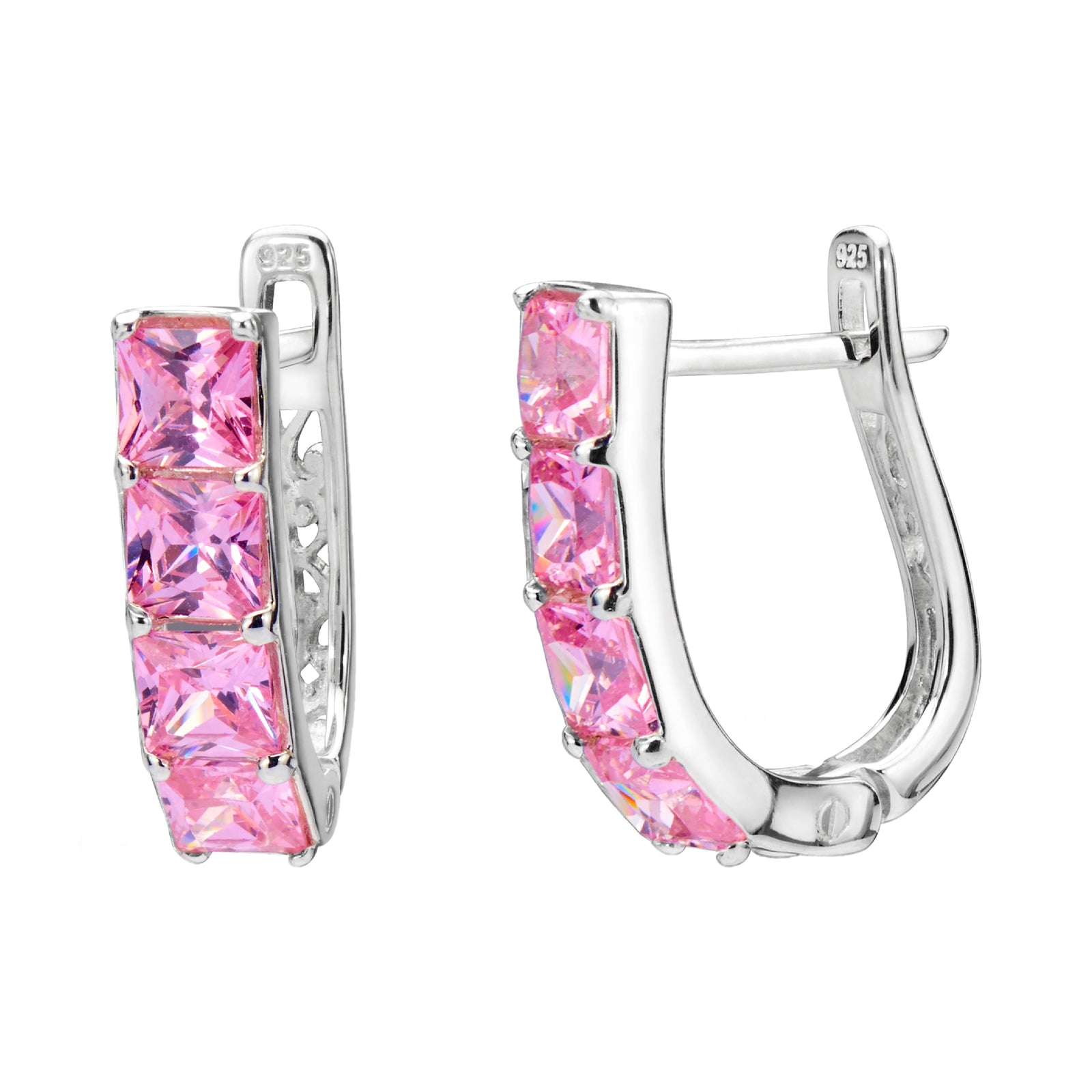 925 STERLING SILVER EARRINGS WITH CUBIC ZIRCONIA PINK SQUARE SHAPE