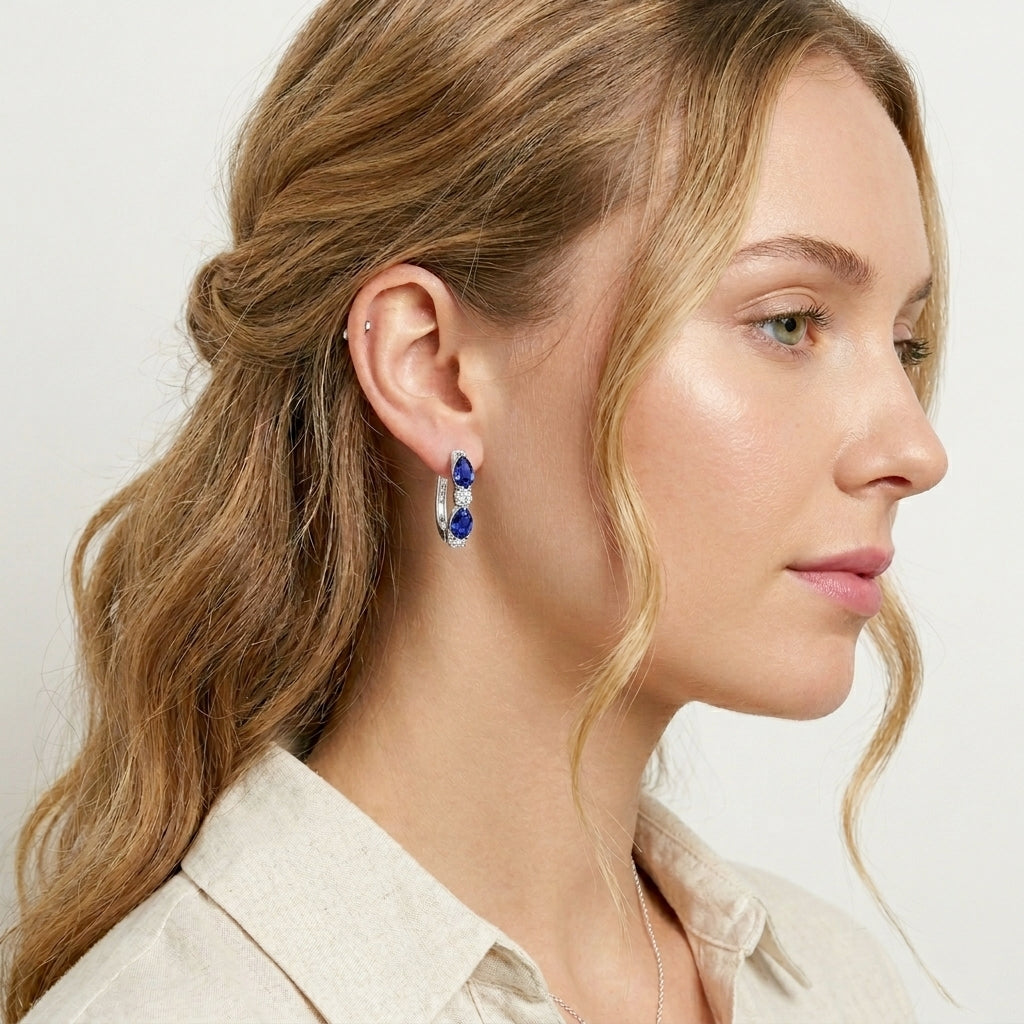 925 STERLING SILVER EARRINGS WITH CUBIC ZIRCONIA TANZANITE PEAR SHAPE