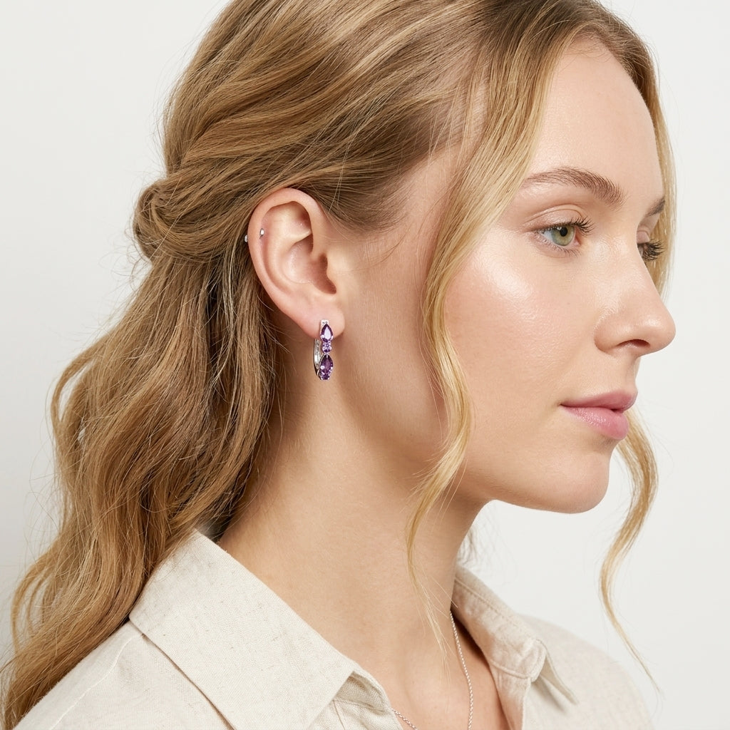 925 STERLING SILVER EARRINGS WITH CUBIC ZIRCONIA AMETHYST PEAR SHAPE