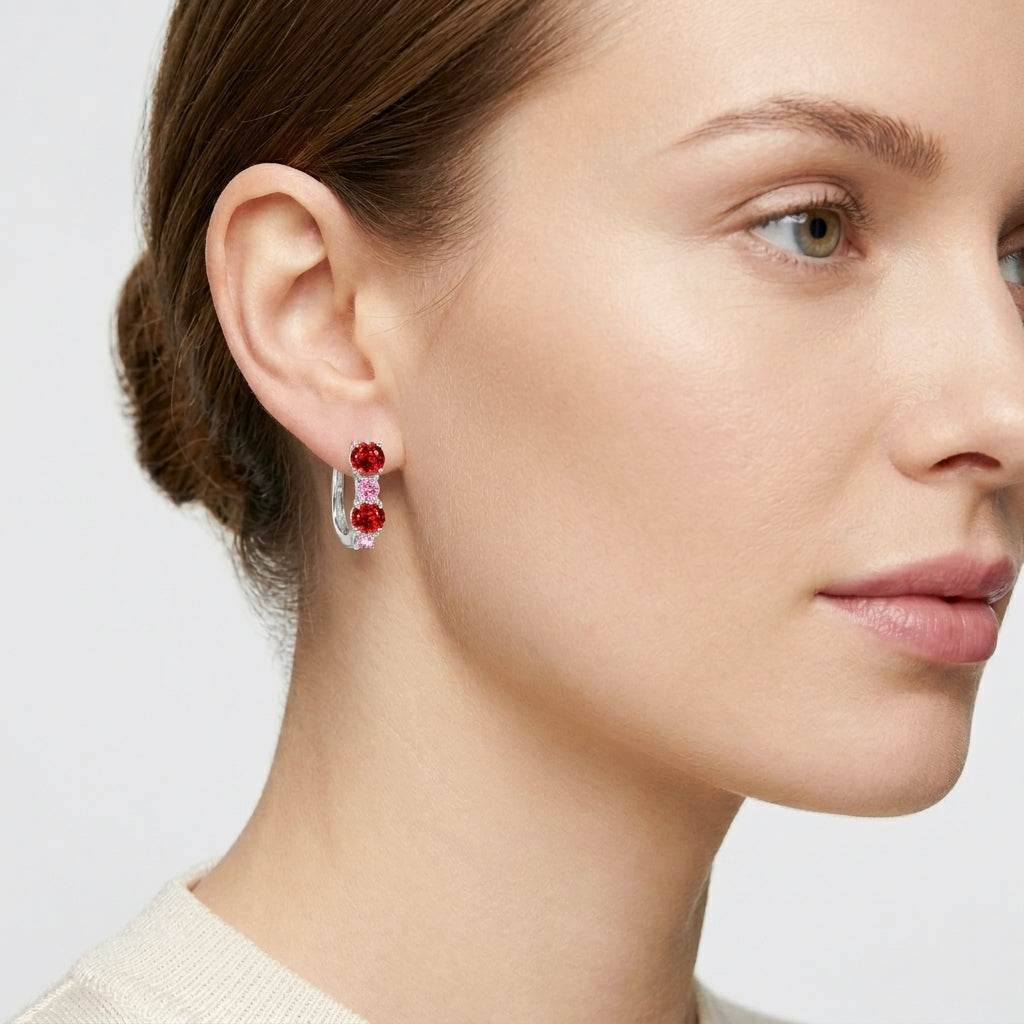 925 STERLING SILVER EARRINGS WITH GLASS RUBY ROUND SHAPE