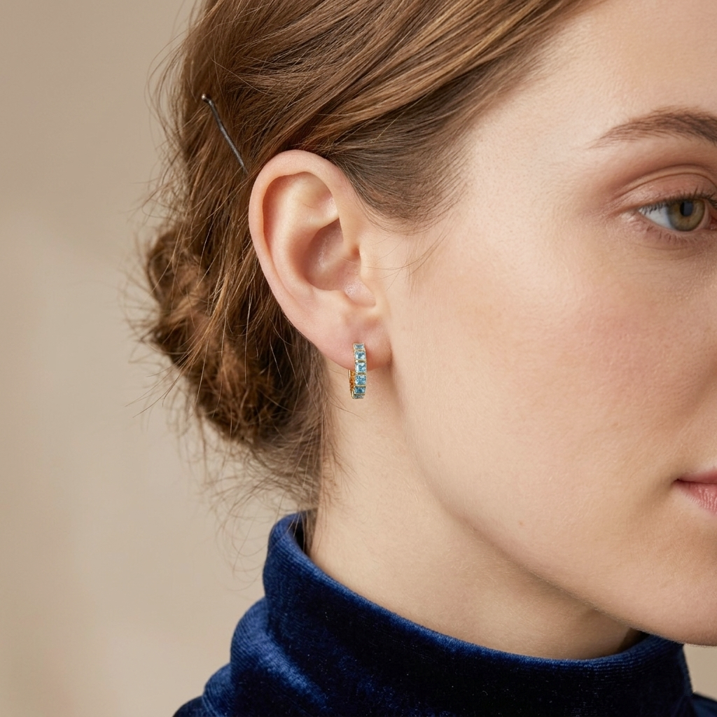 925 STERLING SILVER HUGGIE EARRINGS WITH SWISS BLUE TOPAZ