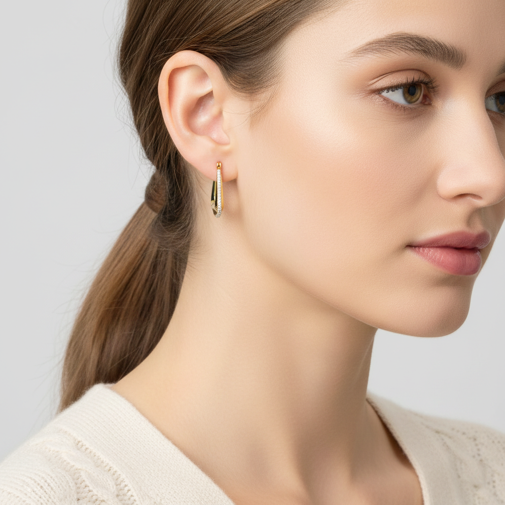 925 STERLING SILVER TRIANGULAR HOOP EARRINGS WITH CUBIC ZIRCONIA