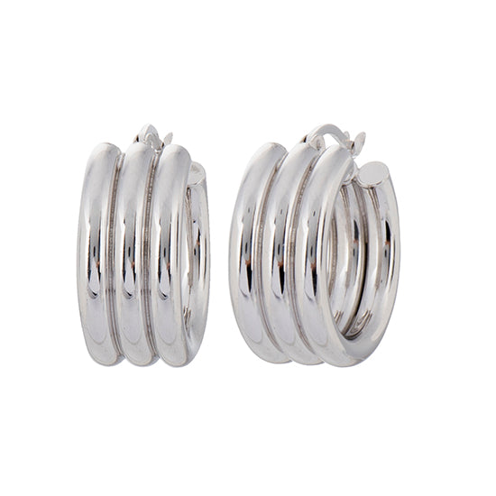 925 STERLING SILVER 20.0 MM. THREE LINES IN A ROLL HOOP EARRINGS F13031