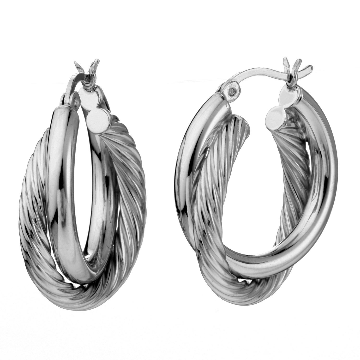 925 STERLING SILVER 25.0 MM. CROSSOVER CORRUGATE TUBE ROUND SHAPE HOOP EARRINGS F13400