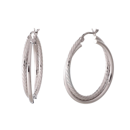 925 STERLING SILVER 30.0 MM. CROSSOVER CORRUGATE TUBE ROUND HOOP EARRINGS F14937