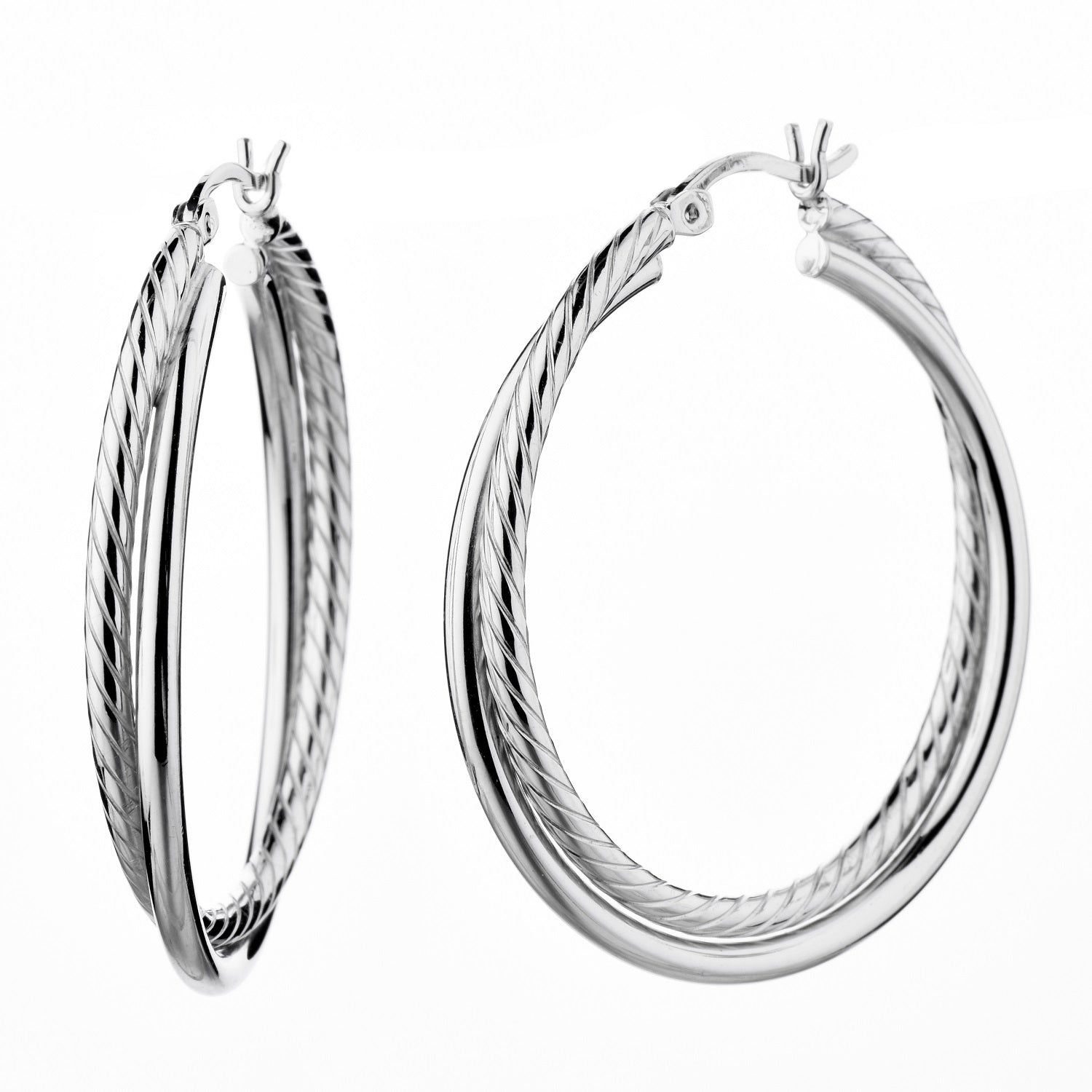 925 STERLING SILVER 35.0 MM. CROSSOVER CORRUGATE TUBE ROUND HOOP EARRINGS F16968