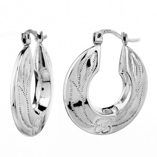 925 STERLING SILVER BACK TO BACK HALF FLAT DIAMOND CUT HOOP EARRINGS F17274