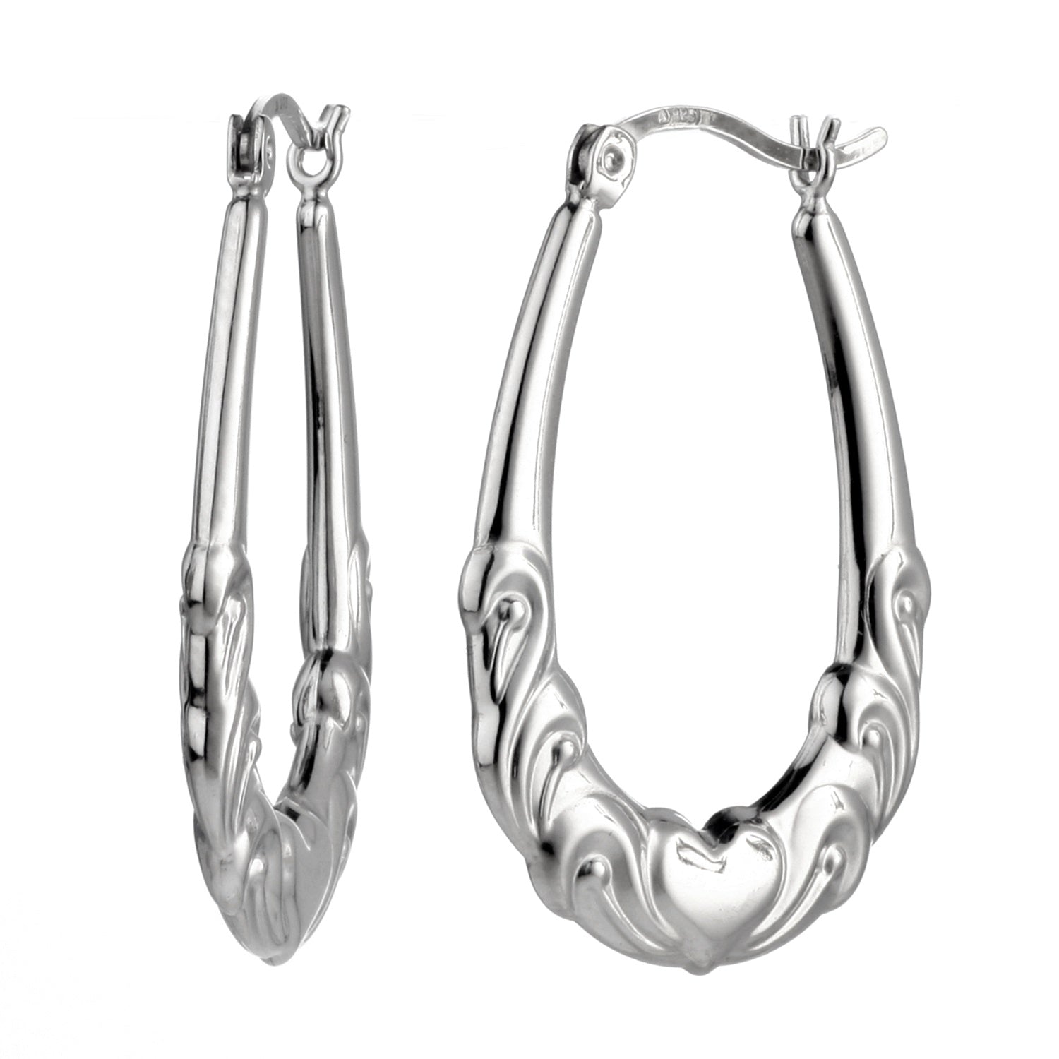 925 STERLING SILVER 30.0 MM. BACK TO BACK HEARTLY PATTERN CREOLE HOOP EARRINGS F17284