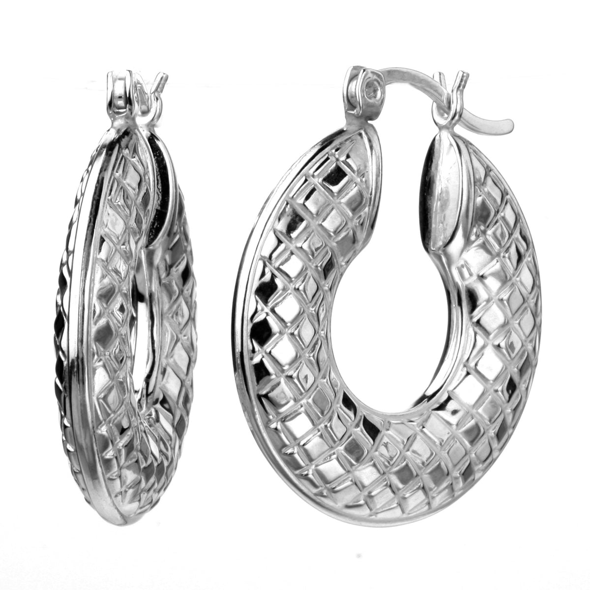 925 STERLING SILVER BACK TO BACK TILE PATTERN HOOP EARRINGS F17298