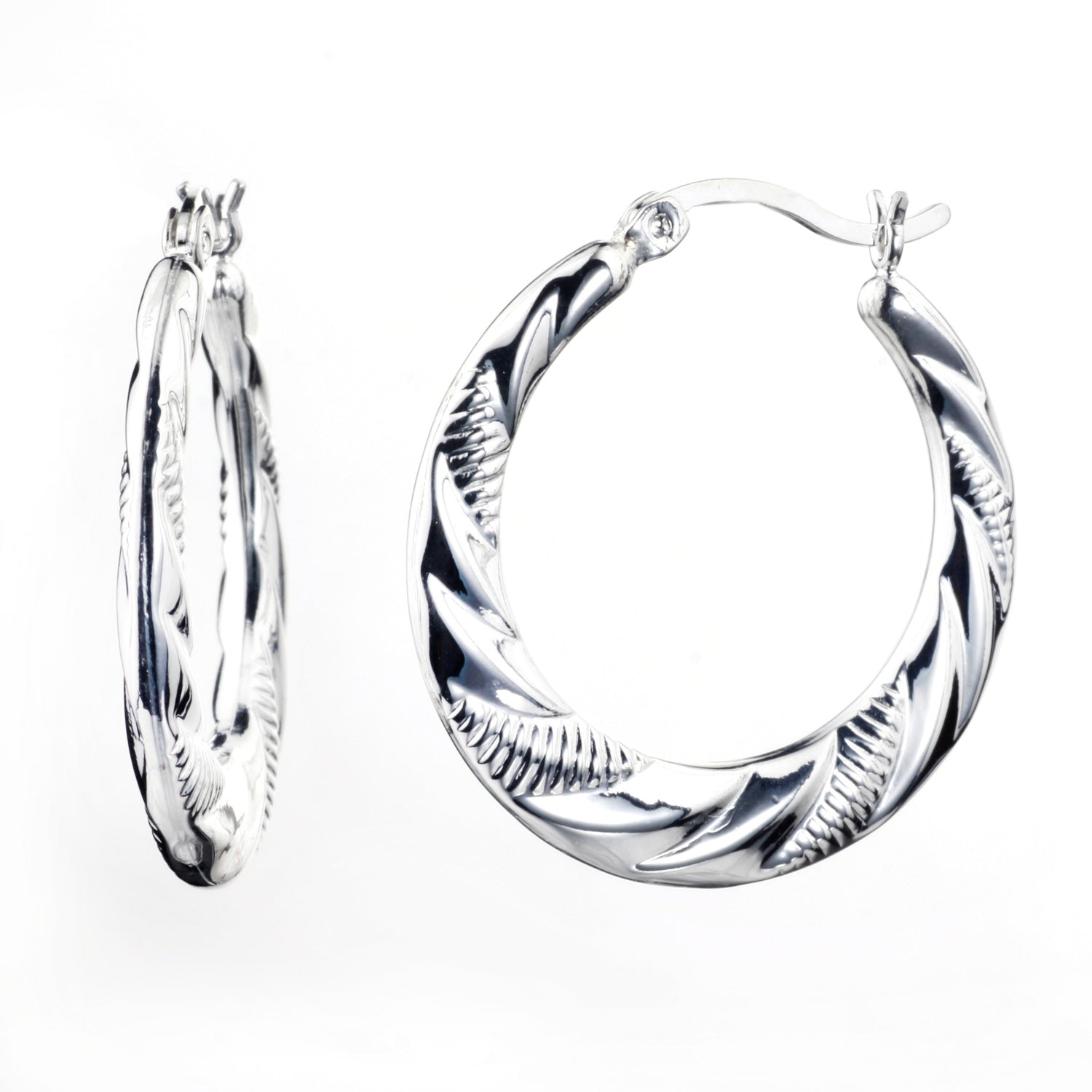 925 STERLING SILVER BACK TO BACK WAVY WITH DIAMOND CUT HOOP EARRINGS F20627