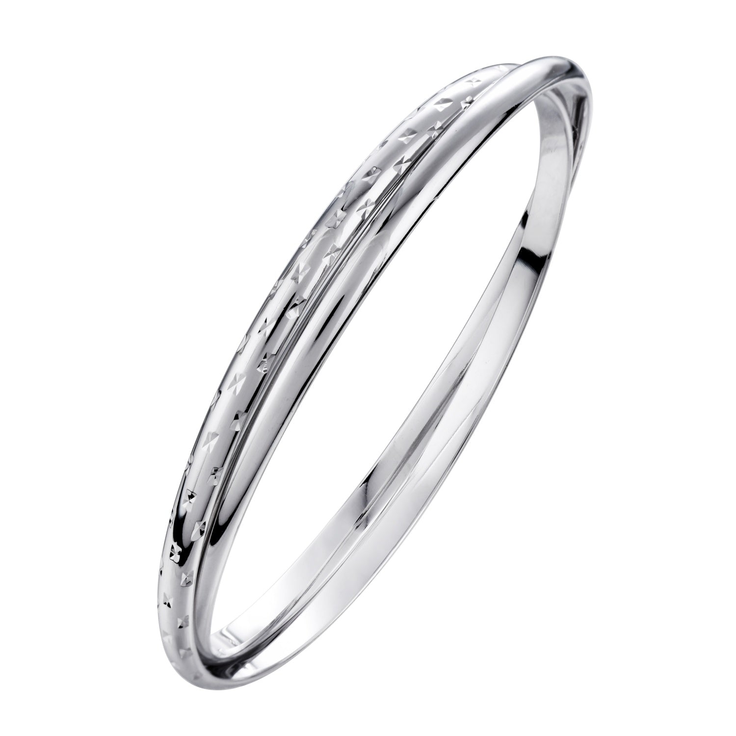 925 STERLING SILVER DOUBLE HALF ROUND WITH DIAMOND CUT SLIP ON BANGLE F22192