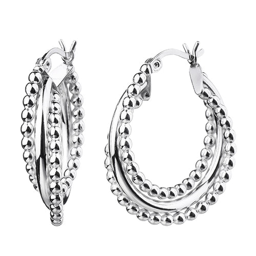 925 STERLING SILVER 25.0 MM. CAVIAR AND PLAIN TUBE HOOP EARRINGS F27020