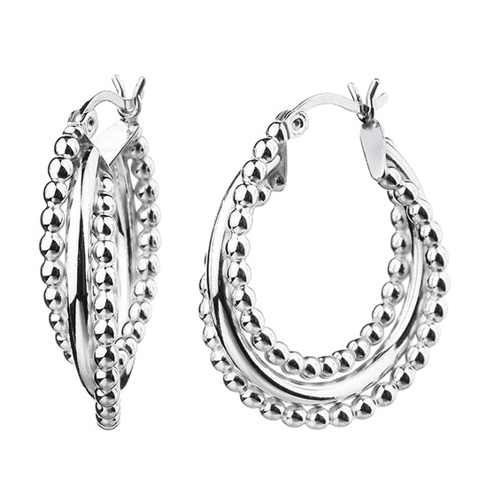 925 STERLING SILVER 25.0 MM. CAVIAR AND PLAIN TUBE HOOP EARRINGS F27020