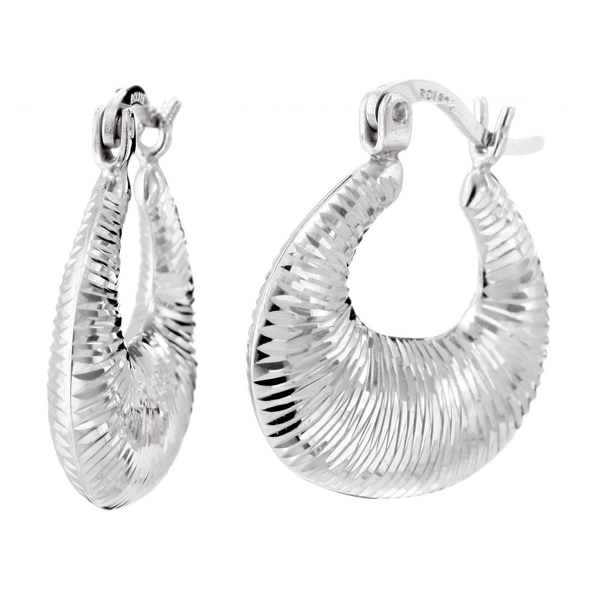 925 STERLING SILVER BACK TO BACK DIAMOND CUT CROISSANT PATTERN HOOP EARRINGS F28573