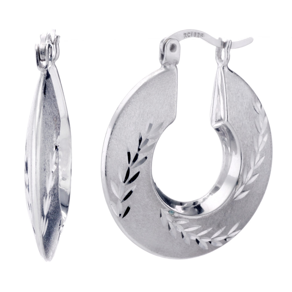 925 STERLING SILVER BACK TO BACK HOOP EARRINGS PINE LEAVE PATTERN WITH DIAMOND CUT F28592