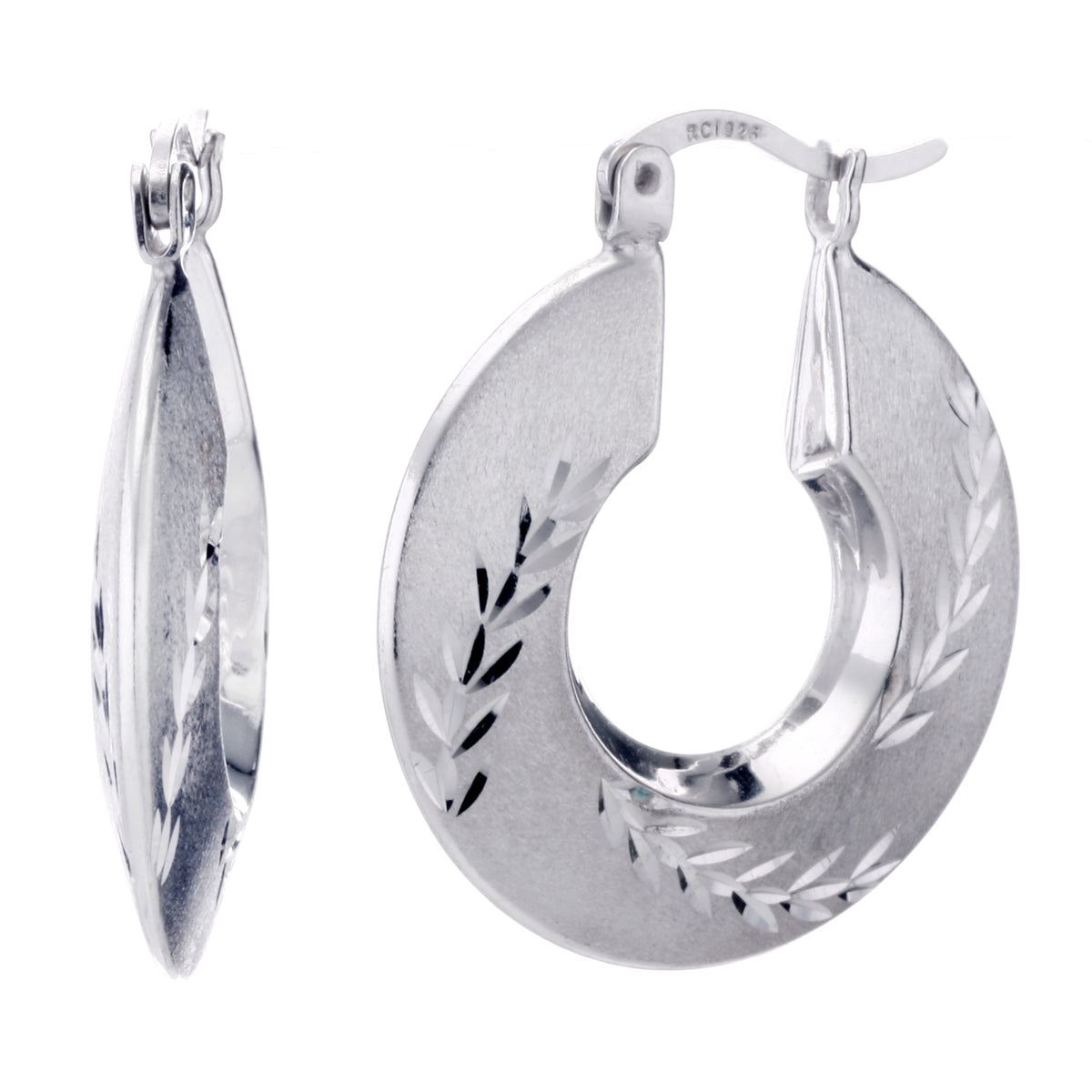 925 STERLING SILVER BACK TO BACK HOOP EARRINGS PINE LEAVE PATTERN WITH DIAMOND CUT F28592