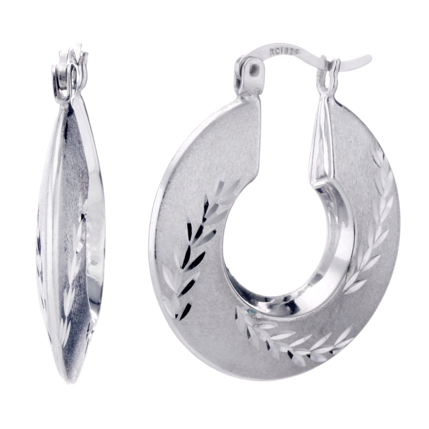 925 STERLING SILVER BACK TO BACK HOOP EARRINGS PINE LEAVE PATTERN WITH DIAMOND CUT F28592