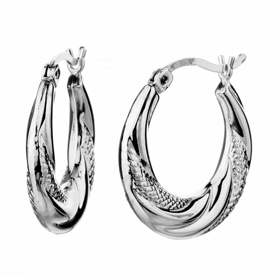 925 STERLING SILVER BACK TO BACK WAVE WITH DIAMOND CUT HOOP EARRINGS F28595
