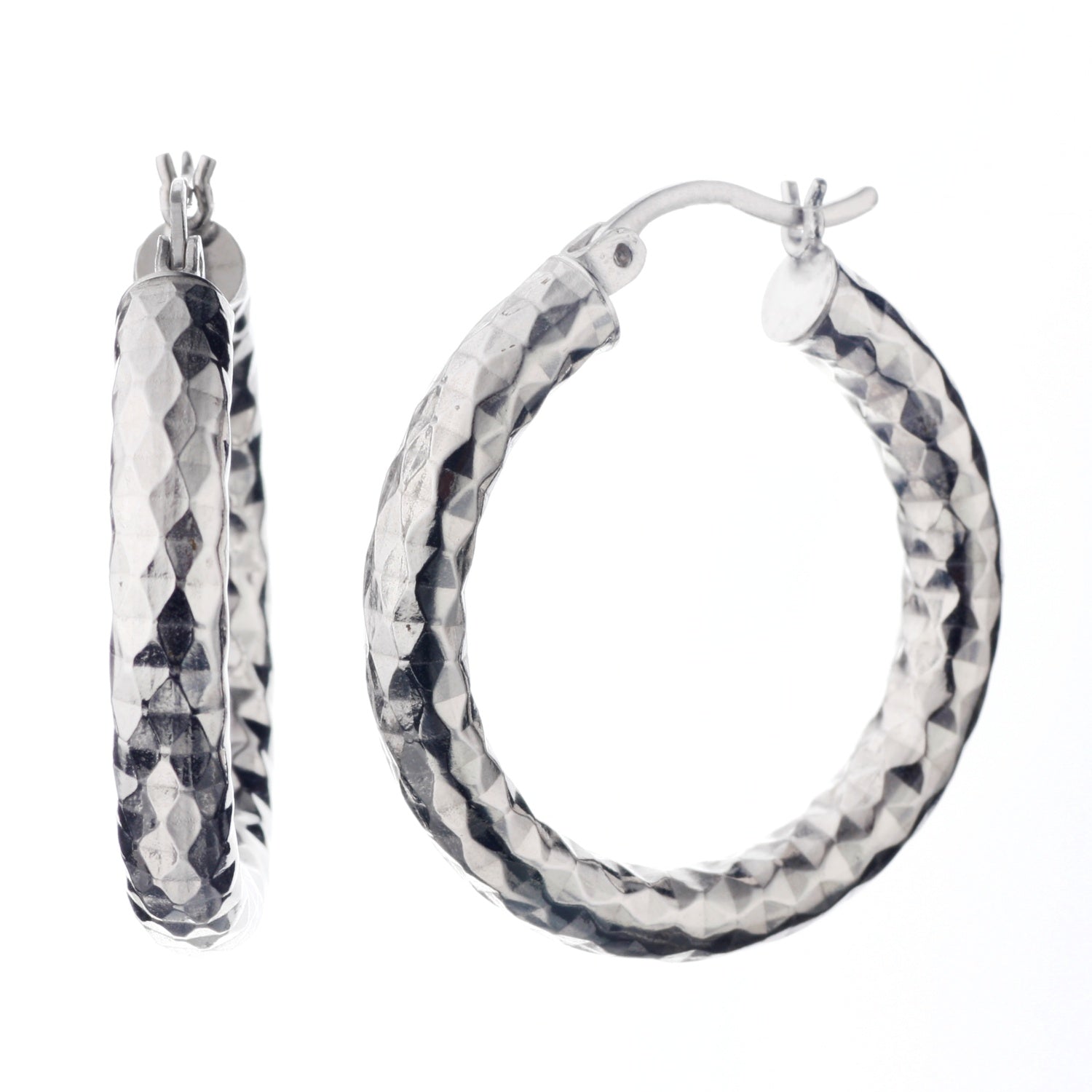 925 STERLING SILVER ROUND HOOP EARRINGS WITH DIAMOND CUT 25.0 MM F4160