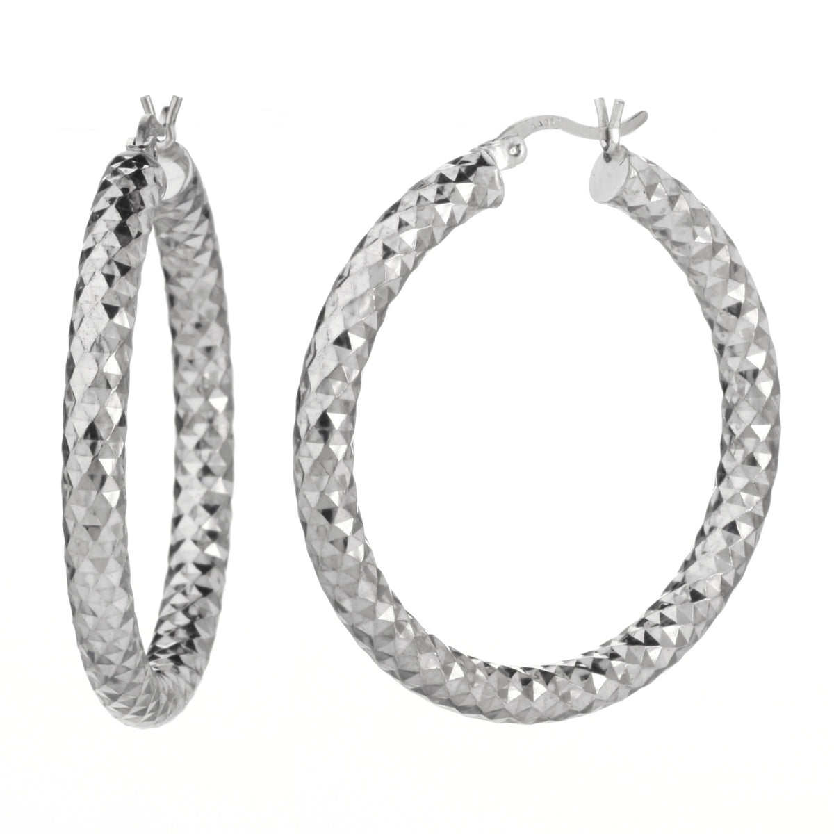 925 STERLING SILVER ROUND HOOP EARRINGS WITH DIAMOND CUT 35.0 MM F4162