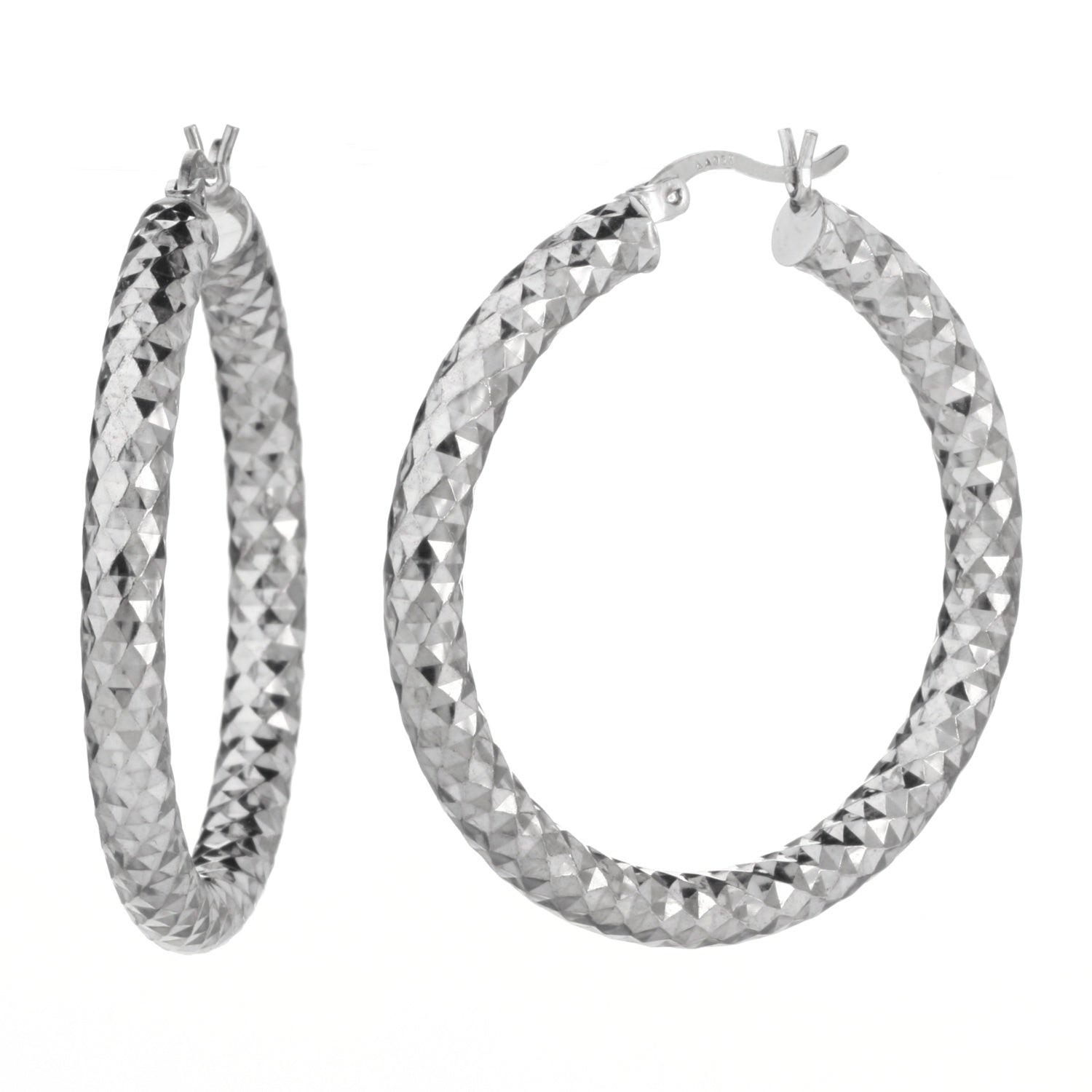 925 STERLING SILVER ROUND HOOP EARRINGS WITH DIAMOND CUT 35.0 MM F4162