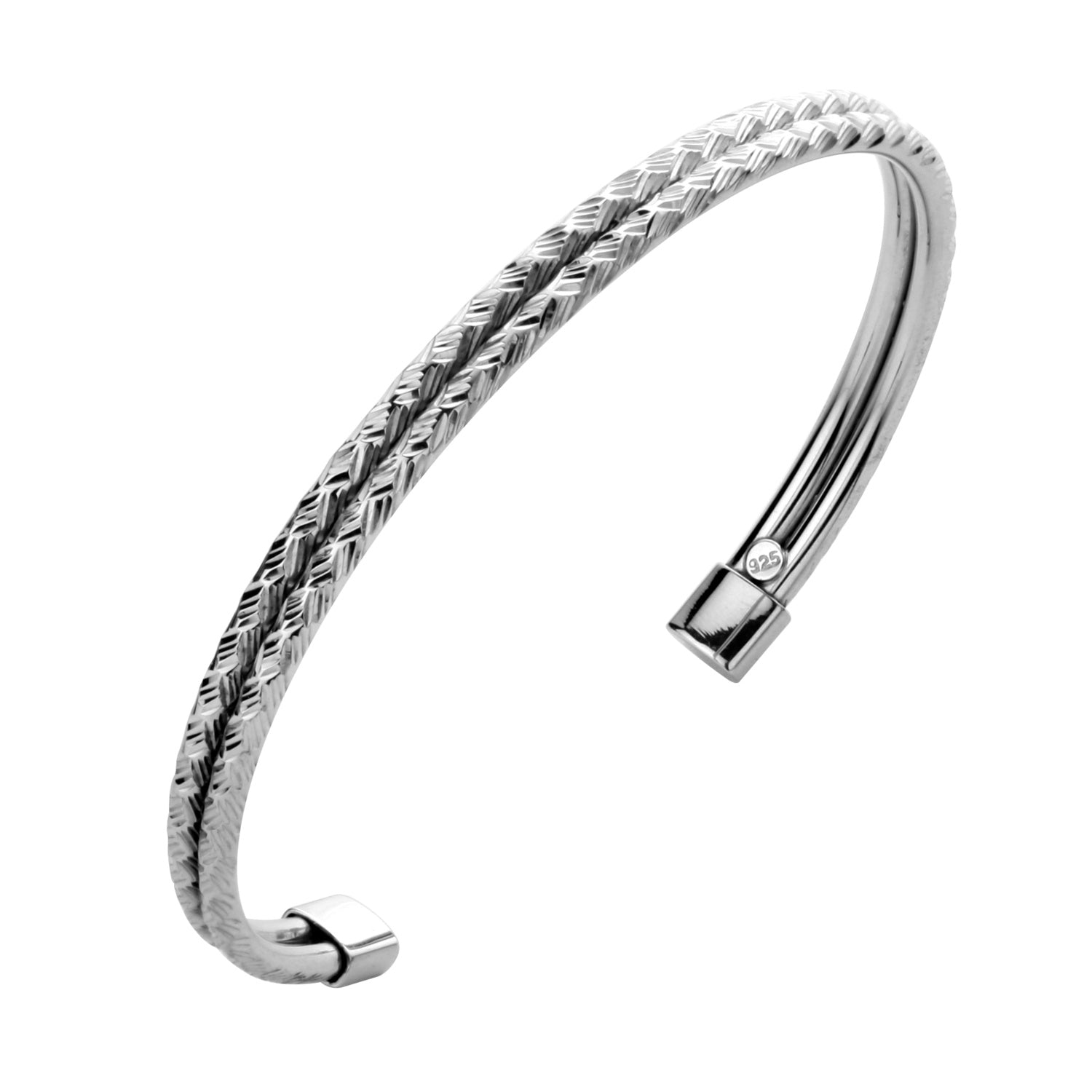 925 STERLING SILVER CLASSIC DOUBLE DIAMOND CUT CUFF BANGLE F41871