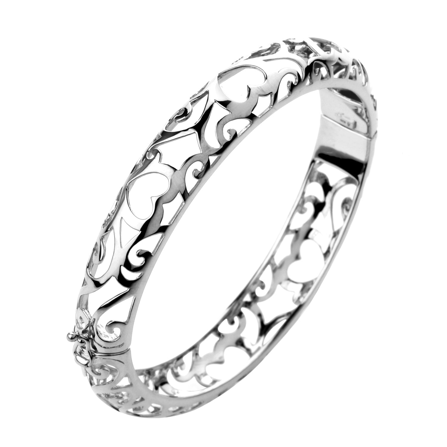 925 STERLING SILVER HEART FILIGREE HINGED BANGLE BRACELET F43179