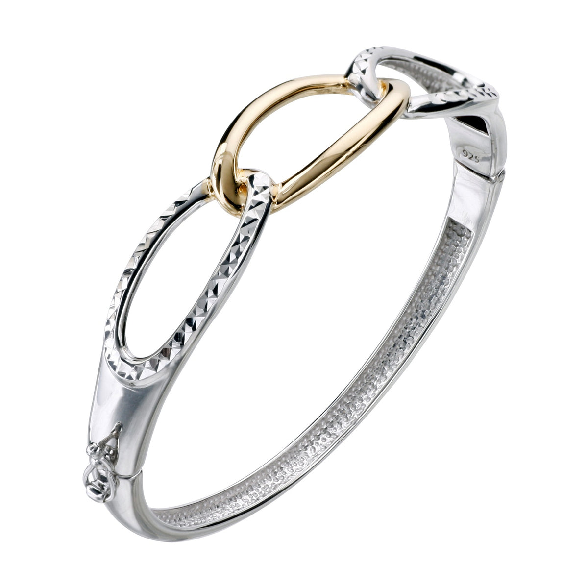 925 STERLING SILVER 3 CONNECTED RINGS TWO TONE HINGED BANGLE F46152