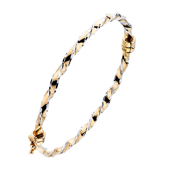 925 STERLING SILVER TWO TONE TWISTED ALL ROUND DIAMOND CUT HINGED BANGLE
