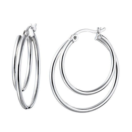 925 STERLING SILVER 25.0 MM. 2 LAYERS ROUND TUBE HOOP EARRINGS F48006