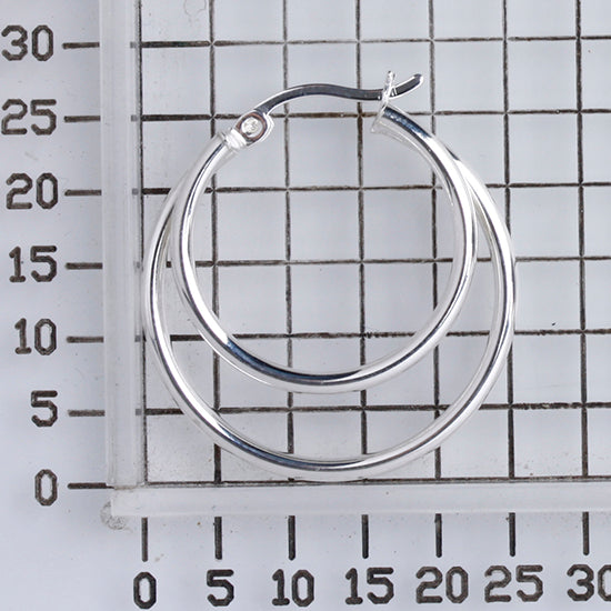 925 STERLING SILVER 25.0 MM. 2 LAYERS ROUND TUBE HOOP EARRINGS F48006