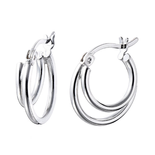 925 STERLING SILVER 15.0 MM. TWO LINES IN LAYER HOOP EARRINGS F48007