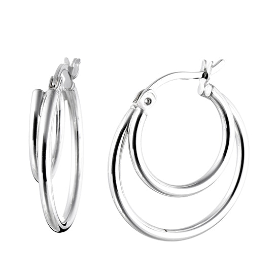 925 STERLING SILVER 20.0 MM. 2 LAYERS ROUND TUBE HOOP EARRINGS F48008