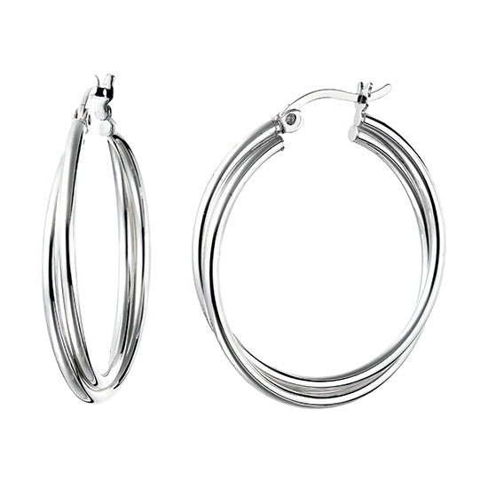 925 STERLING SILVER 30.0 MM. CROSSOVER DOUBLE ROUND HOOP EARRINGS F48011