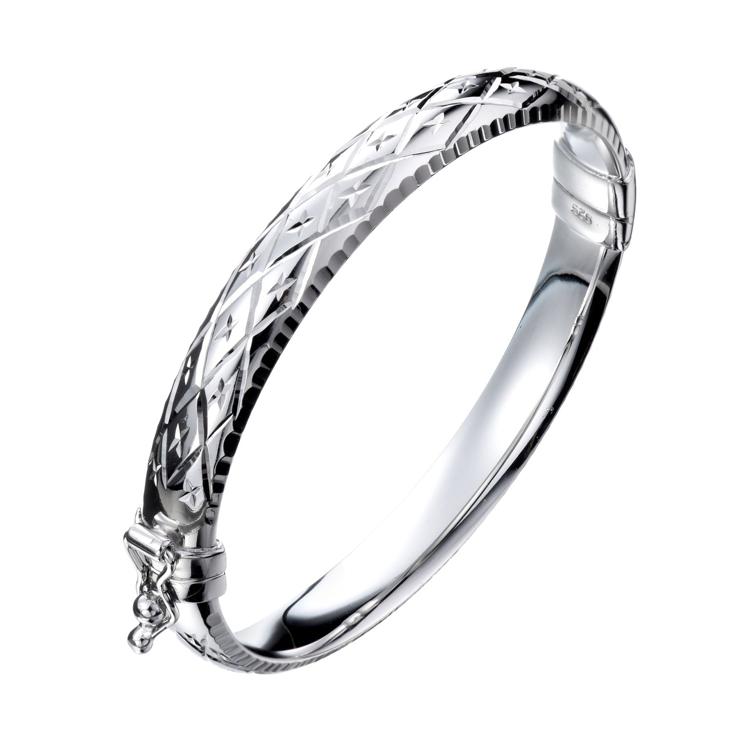 925 STERLING SILVER CLASSIC DIAMOND CUT PATTERN HINGED BANGLE F48854