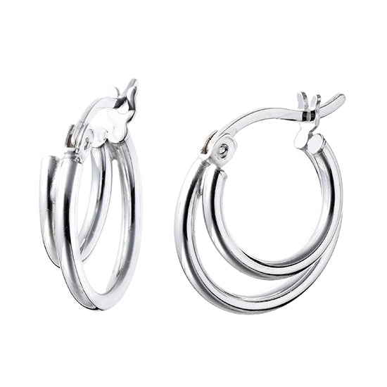 925 STERLING SILVER 15.0 MM. 2 LAYERS ROUND TUBE HOOP EARRINGS F49024