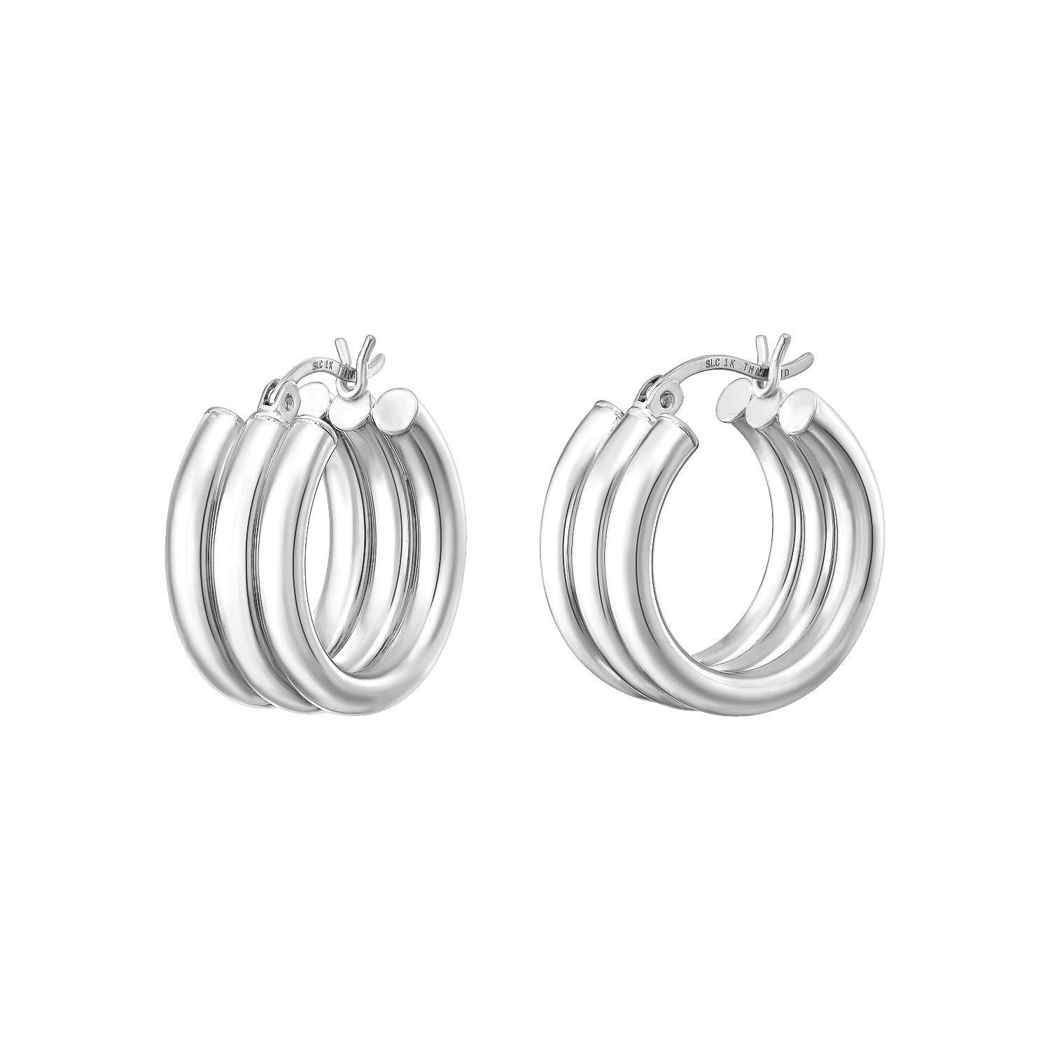 925 STERLING SILVER 25.0 MM. MINIMAL TRIPLE LINE TUBES HOOP EARRINGS F55815