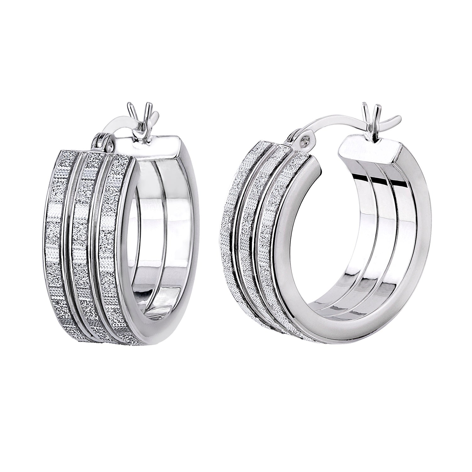 925 STERLING SILVER 15.0 MM. TRIPLE LINES TUBE WITH GLITTER HOOP EARRINGS F56972