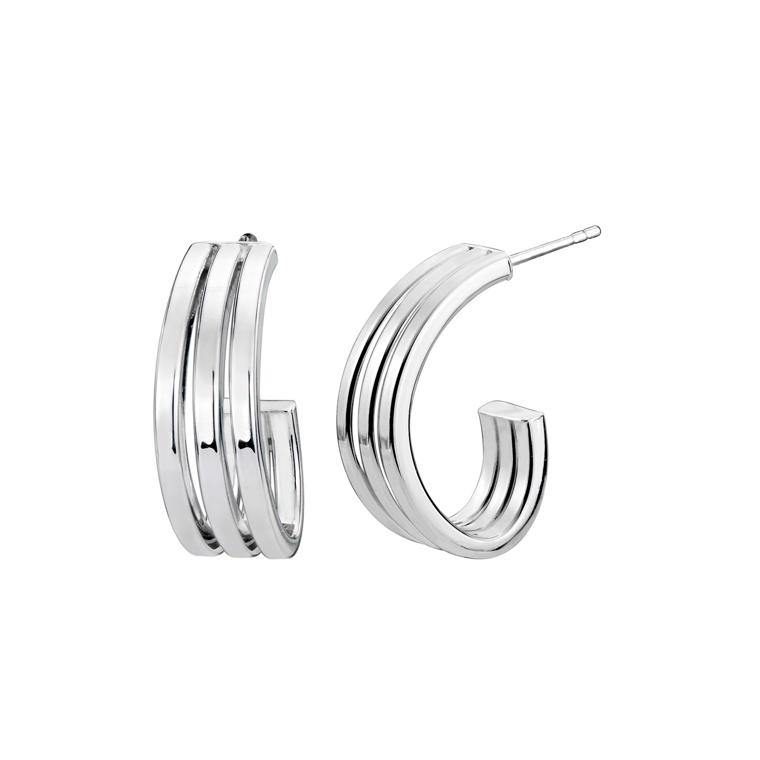 925 STERLING SILVER 20.0 MM. TRIPLE LINES HOOK SHAPE EARRINGS WITH POST F57917